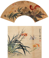 (清)沈铨 朱偁 花卉扇面双挖